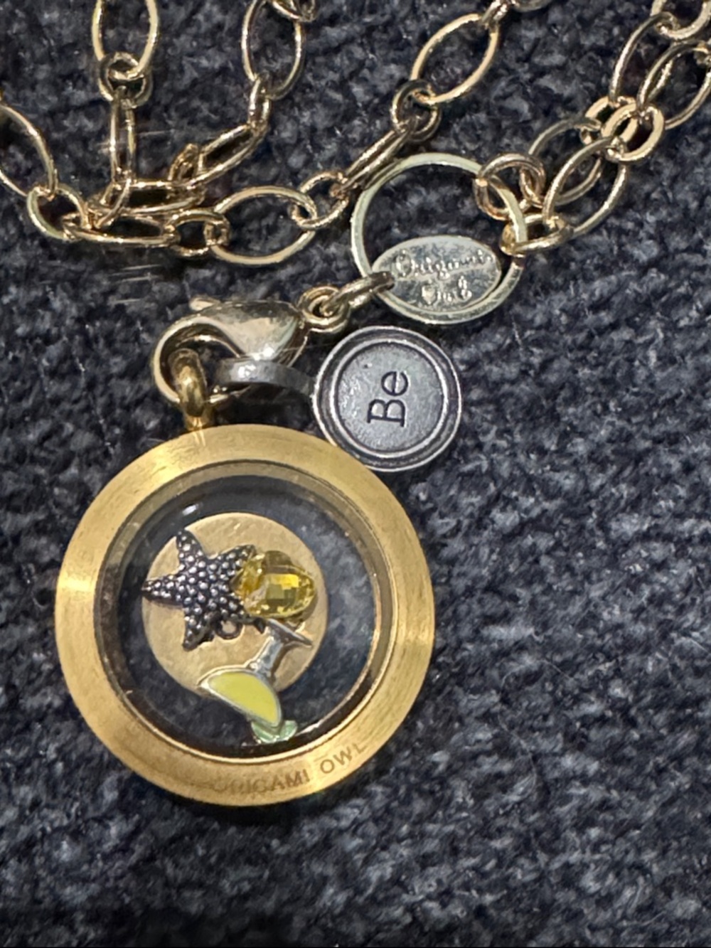 Bright Gold-Tone Necklace with Yellow Crystal Locket and Charm Tags - Picture 2 of 3